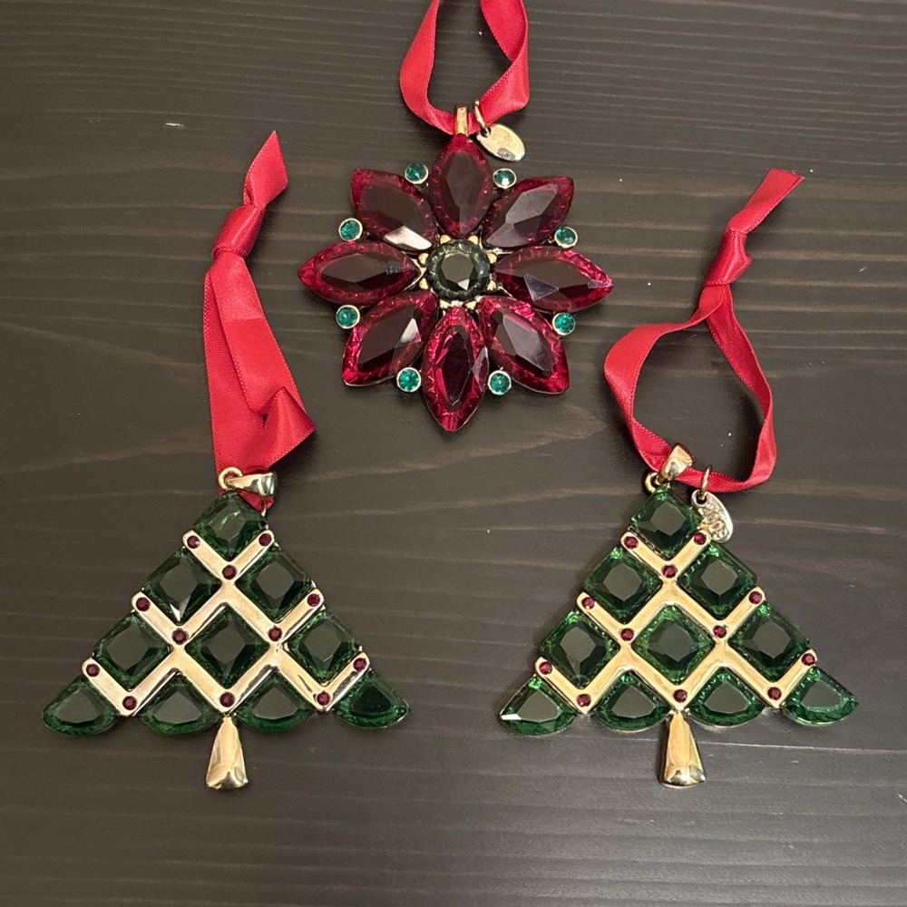 2008 Trifari Christmas Ornaments Red Green Enamel Gold Tone Rhinestone Set of 3